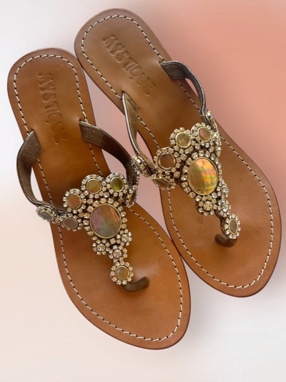 Mystique Handcrafted Wedge Sandals Amber, Clear Crystals and Rhinestones Size 8
